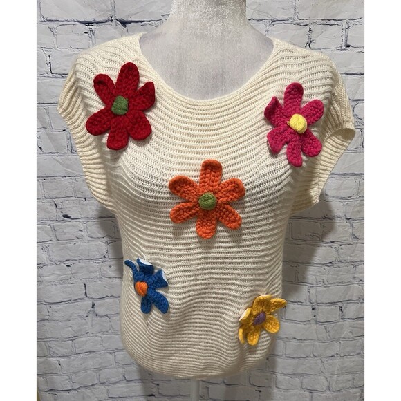 Women's Color Block Flower Short Sleeve Sweater Plullover Knit Top Medium - Picture 2 of 7